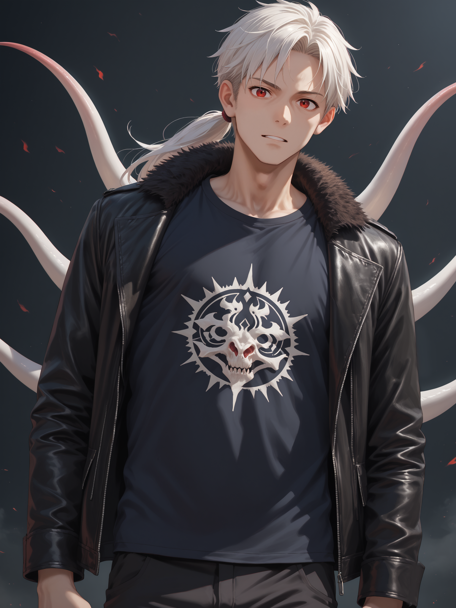 1man, solo, anime style, absurd res, 8k, uhd, best quality, masterpiece, detailed skin texture, perfect light, prefect shadow, very detailed, hyper detailed, detailed clothes, high resolution illustration, score_9, score_8_up, score_7_up, source_anime,<lora:st4t1ctvXLP:0.5>, st4t1ctv, chromatic aberration, pale skin, red eyes, white hair, ponytail, fur-trimmed jacket, leather jacket, pants, t-shirt, dark theme, <lora:Concept Art Ultimatum Style LoRA_Pony XL v6:0.3>, <lora:StS_PonyXL_Detail_Slider_v1.4_iteration_3:0.6>, detailed background,  white tantacles from back