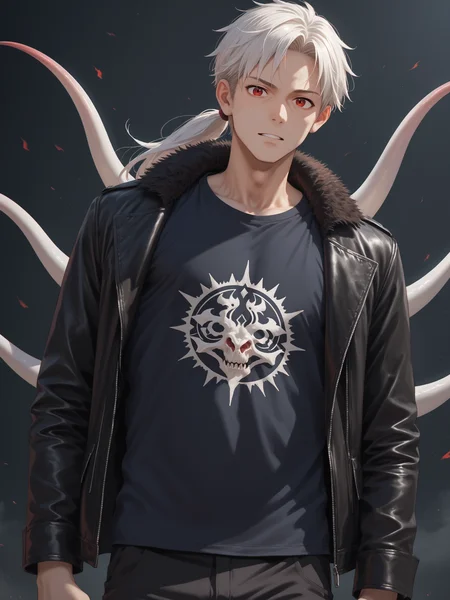 1man, solo, anime style, absurd res, 8k, uhd, best quality, masterpiece, detailed skin texture, perfect light, prefect shadow, very detailed, hyper detailed, detailed clothes, high resolution illustration, score_9, score_8_up, score_7_up, source_anime,<lora:st4t1ctvXLP:0.5>, st4t1ctv, chromatic aberration, pale skin, red eyes, white hair, ponytail, fur-trimmed jacket, leather jacket, pants, t-shirt, dark theme, <lora:Concept Art Ultimatum Style LoRA_Pony XL v6:0.3>, <lora:StS_PonyXL_Detail_Slider_v1.4_iteration_3:0.6>, detailed background, white tantacles from back
