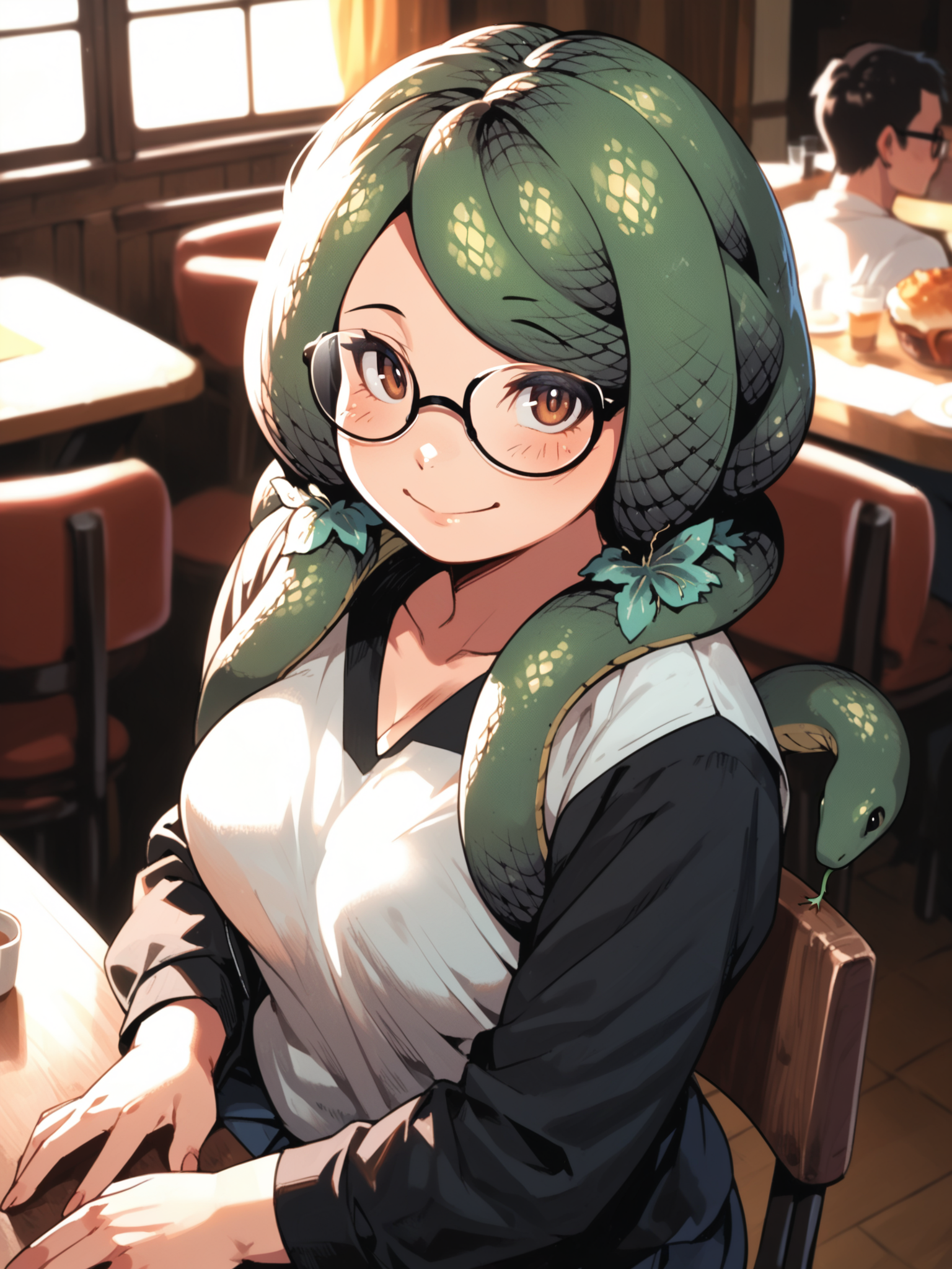 <lora:happy_tentacle-sanjimerisa-v0.3:1>, ht_sanjimerisa, glasses, snake hair, tentacle hair, prehensile hair, medium breasts, brown eyes, green hair, plump , smile, , indoors, restaurant, table, (people:1.2), on lap cowboy shot, 1girl, (petite:1.2), solo focus, (looking at viewer:1.1), backlighting, (depth of field:0.8), from above, [(realistic, photorealistic:1.2):(realistic:1.2):22], [(3d:1.2)::12], <lora:LUUNA's Lunas-NijiJourney-SDXL-B2:0.5>, nijijourney, <lora:prgfrg23's Counterfeit-V3.0 Style SDXL_LoRA_Pony Diffusion V6 XL:0.35>, <lora:Shed_The_Skin's StS_age_slider_v1_initial_release:-1>, score_9, score_8_up, score_7_up, score_6_up, score_5_up, score_4_up