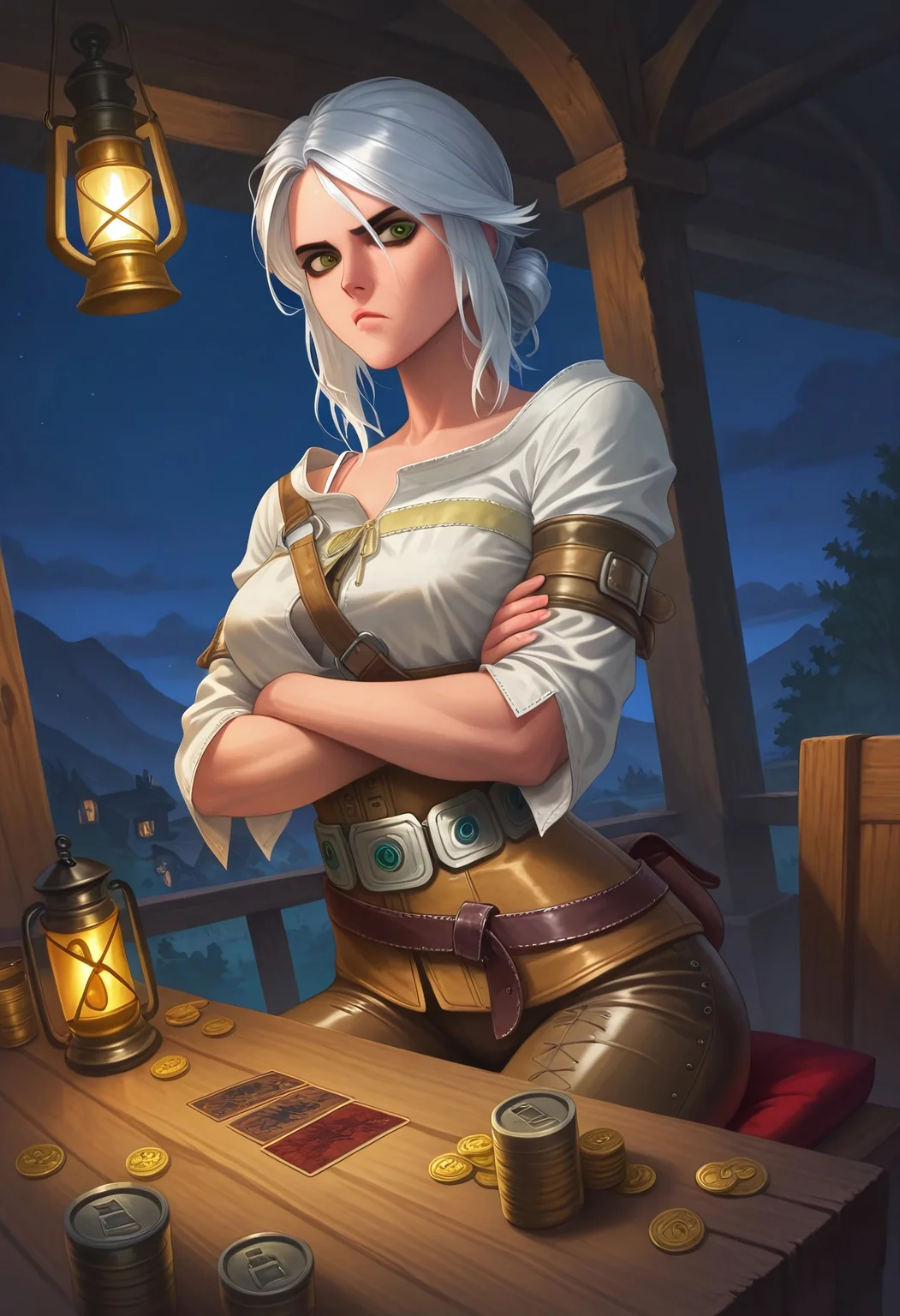 masterpiece, best quality, Calmdraws_Style, BREAK, dynamic angle, 1girl, solo, ciri, white hair, green eyes, white shirt, belt, leather pants, arms crossed, pouty face, sitting, medieval tavern, table, cards, coins, looking at viewer, night time, lantern, detailed medieval scenery