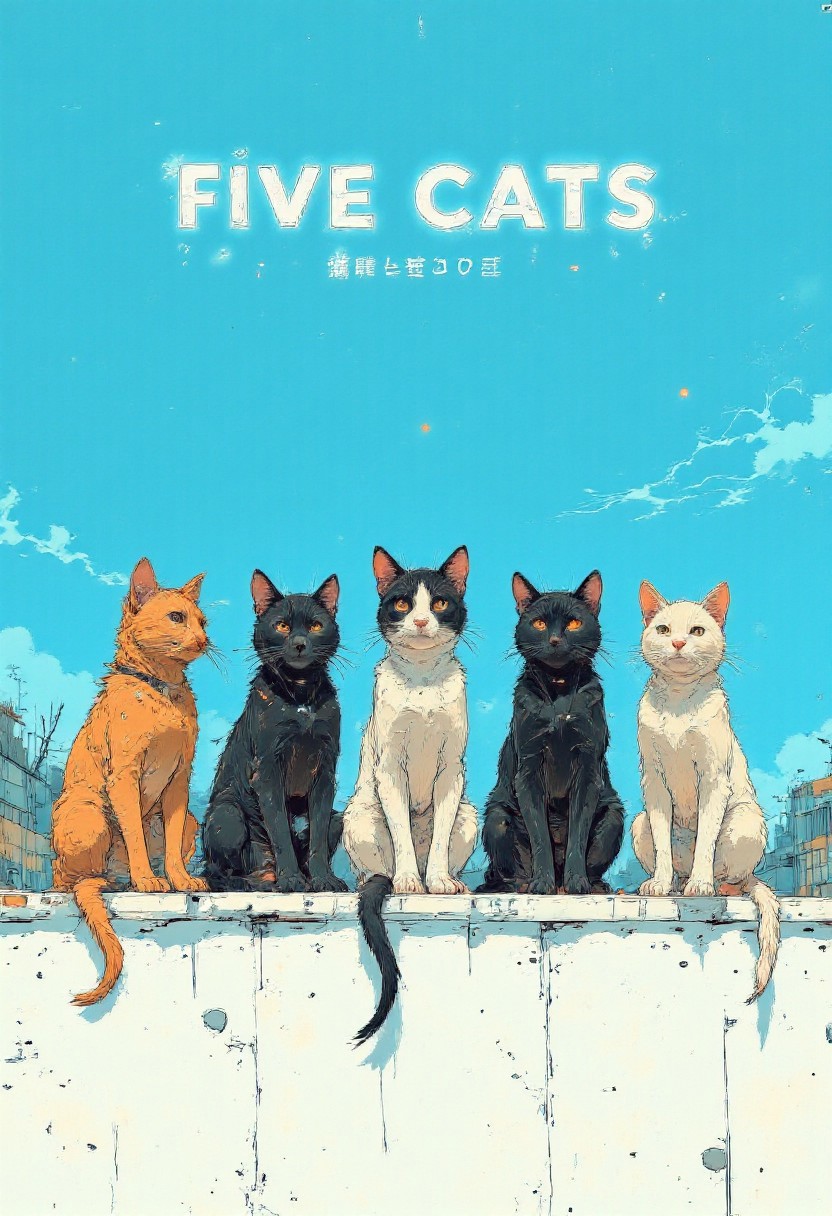 Five cats sitting side by side on a white wall, viewed from behind, displaying natural fur patterns: two tabby, one light gray, and two pure white. Their tails hang naturally, ears perked, and the background features a vivid, cloudless blue sky. Soft, diffused sunlight creates a calm, serene atmosphere with no harsh shadows. The image is photorealistic, focusing on intricate fur textures and a smooth, clean wall surface, emphasizing balance and symmetry. The cats are spaced evenly at eye level for a harmonious composition.
In the blue sky, the phrase "Five Cats" is written in bold, modern sans-serif type, with a subtle gradient effect that mimics the fur patterns of the cats. The letters transition from light gray to white, with a soft shadow for depth. The text is centered and balanced to complement the symmetry of the composition.
Beneath the title, in an italicized, playful font, the caption reads:  
*"They may seem peaceful, but they're plotting their next nap... world domination can wait."*  
This is in a light gold tone, subtly standing out without distracting from the overall composition. aidmatextimprover