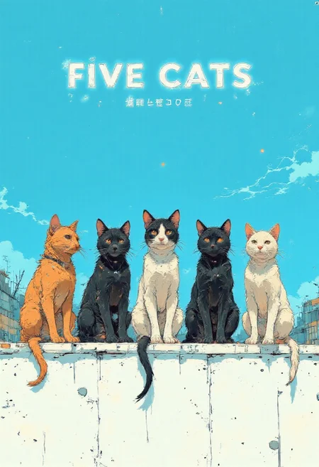 Five cats sitting side by side on a white wall, viewed from behind, displaying natural fur patterns: two tabby, one light gray, and two pure white. Their tails hang naturally, ears perked, and the background features a vivid, cloudless blue sky. Soft, diffused sunlight creates a calm, serene atmosphere with no harsh shadows. The image is photorealistic, focusing on intricate fur textures and a smooth, clean wall surface, emphasizing balance and symmetry. The cats are spaced evenly at eye level for a harmonious composition.
In the blue sky, the phrase "Five Cats" is written in bold, modern sans-serif type, with a subtle gradient effect that mimics the fur patterns of the cats. The letters transition from light gray to white, with a soft shadow for depth. The text is centered and balanced to complement the symmetry of the composition.
Beneath the title, in an italicized, playful font, the caption reads:
*"They may seem peaceful, but they're plotting their next nap... world domination can wait."*
This is in a light gold tone, subtly standing out without distracting from the overall composition. aidmatextimprover