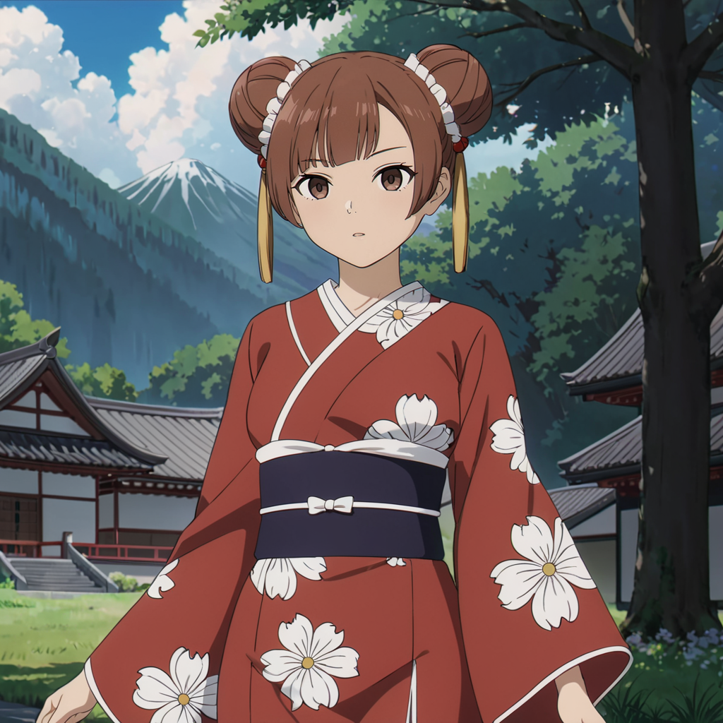 <lora:LaufenXL002>,<lora:DetailedEyes_V3:1.6>,
solo,
anime screencap,
Laufen,1girl,brown hair,double bun,brown eyes,hair_ornament,
print_kimono,cowboy shot,