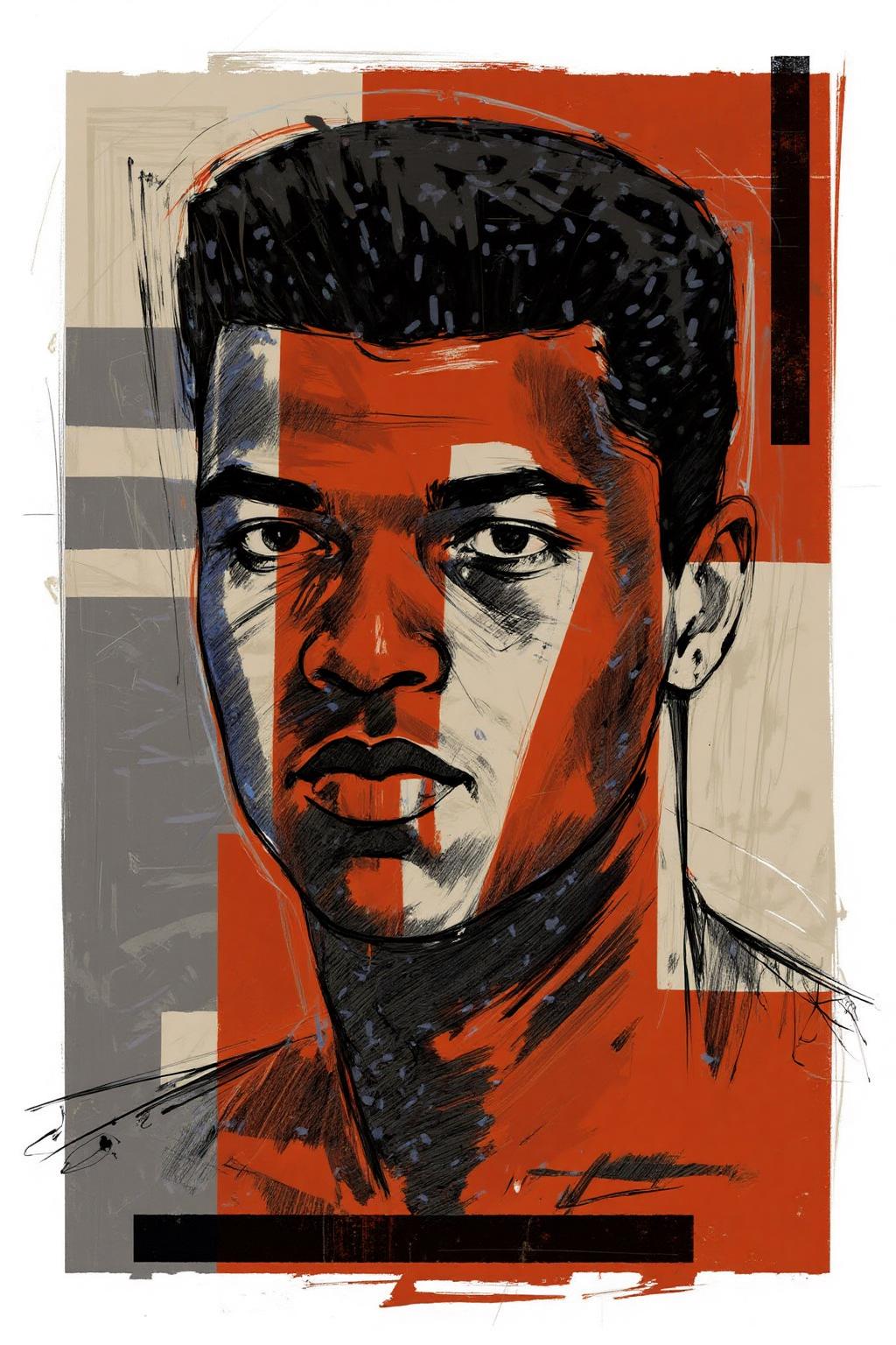 poster illustration.
A portrait of Muhammad Ali, an African American boxer. His face is partially obscured by overlapping lines and shapes. <lora:posterillustration_cap_d8a4e11:1.0><lora:846200220787398352:0>
