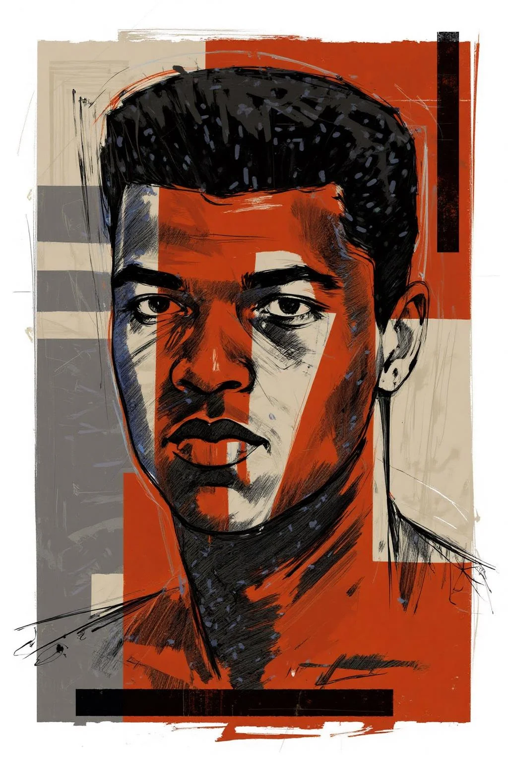 poster illustration.
A portrait of Muhammad Ali, an African American boxer. His face is partially obscured by overlapping lines and shapes. <lora:posterillustration_cap_d8a4e11:1.0><lora:846200220787398352:0>