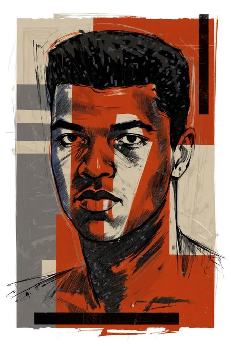 poster illustration.
A portrait of Muhammad Ali, an African American boxer. His face is partially obscured by overlapping lines and shapes. <lora:posterillustration_cap_d8a4e11:1.0><lora:846200220787398352:0>