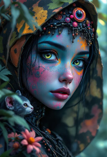 cute multicolor woman and animal cyborg in jungle!! Cute big eyes ! highly detailed, perfect composition, digital painting, artstation, concept art, smooth, sharp focus, illustration, Carne Griffiths, pixar, Victo ngai, Jean Baptiste Monge, dramatic lighting