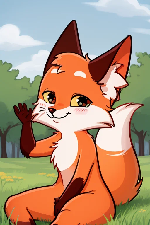 <lora:lisa-10:0.8> 1boy, :3, animal ear fluff, animal nose, blush, fox, furry, furry male, grey background, hand up, hat, no humans, open mouth, orange fur, outline, pappy, sitting, smile, solo, tail, upper body, yellow sclera,
sitting in a meadow, outdoors, (smile:1.2)