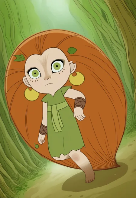 (zPDXL3), full body, solo, 1girl, best quality, 1girl, solo, mebh_human, green eyes, long hair, orange hair, earrings, barefoot, earrings, jewelry, leaf, freckles, muddy feet, looking at viewer, dynamic expression, dynamic pose, outdoors, forest, dynamic angle