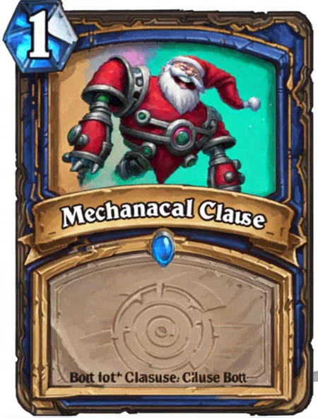 A mechanical ((Santa Clause bot)) Hearthstone Card <lora:SDXL-HearthstoneCard-Lora:0.8>