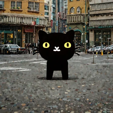 score_9, score_8_up, score_7_up, 8k, hd, photo, neutral expression, realistic, live-action, mio_pucca, yellow eyes, yellow sclera, black cat, cat, solo, 1boy, :3, standing, city