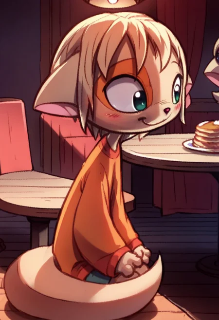 score_9, score_8_up, score_7_up, BREAK source_anime ,
paige,solo,furry,tail,child,kid,
recette, indoors diner, young 1girl, solo, , hair ornament, short hair, hair bobbles, , smile, sitting at table, blushing, bold colors, pancakes, solo, chibi, cute shy smile, recettear