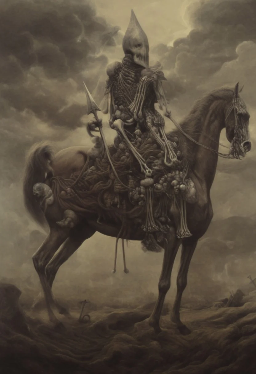 horse, skeleton, knight, surrealism