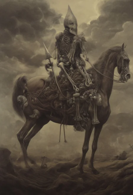 horse, skeleton, knight, surrealism