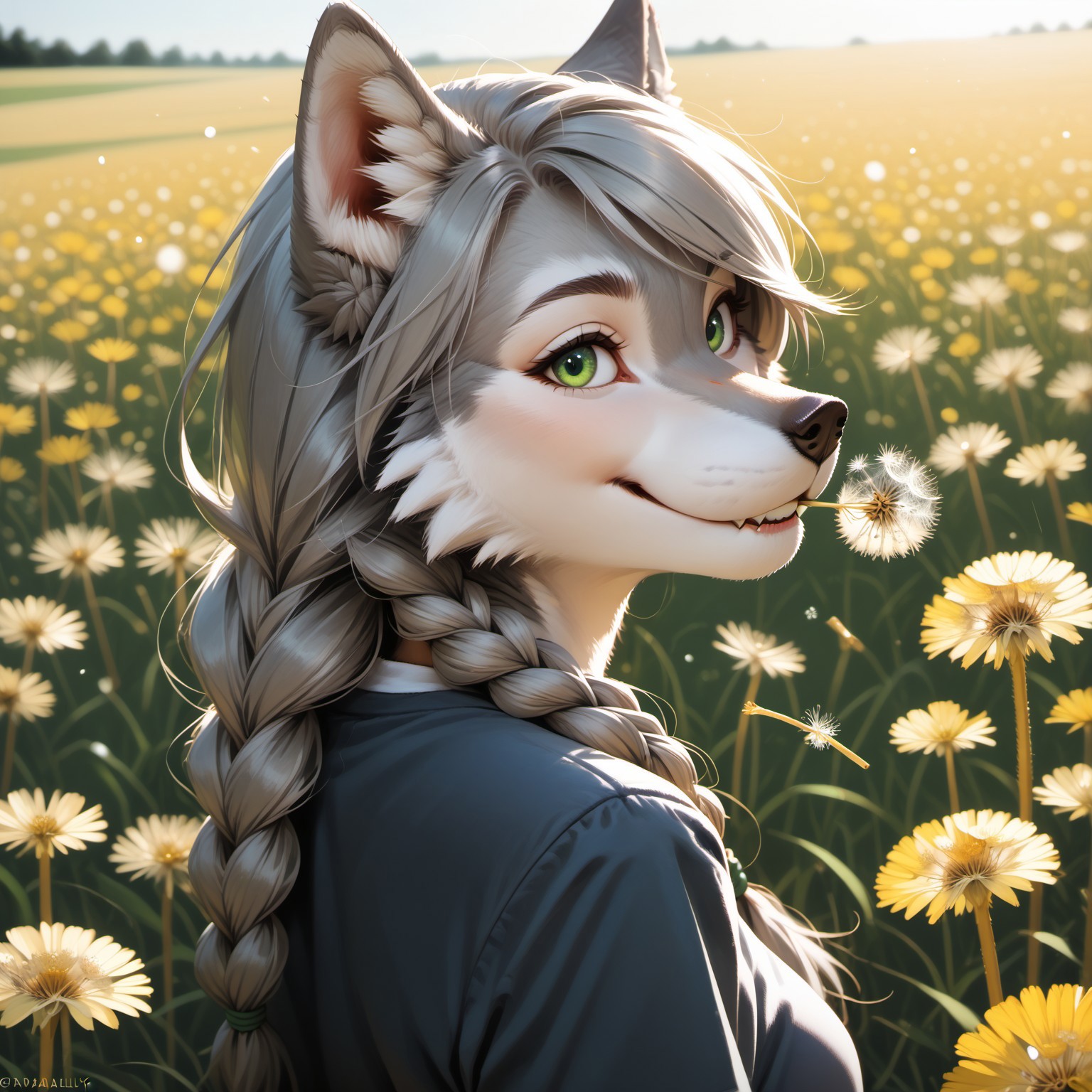 score_9, score_8_up, score_7_up, score_6_up, female Anthro, White Cheeks, gray fur, green eyes, beautiful eyes, wolf tail, Gray Long Hair, Swept Bangs, Gray Twinbraids, on field, dandelion in mouth, yellow dandelion flower, biting dandelion, sideview, smile, gras with small flowers, field with small dandelion flowers