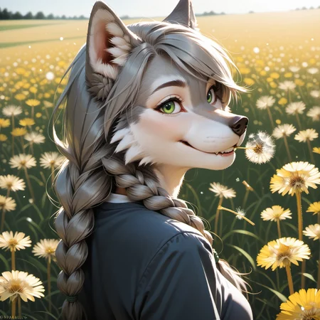 score_9, score_8_up, score_7_up, score_6_up, female Anthro, White Cheeks, gray fur, green eyes, beautiful eyes, wolf tail, Gray Long Hair, Swept Bangs, Gray Twinbraids, on field, dandelion in mouth, yellow dandelion flower, biting dandelion, sideview, smile, gras with small flowers, field with small dandelion flowers