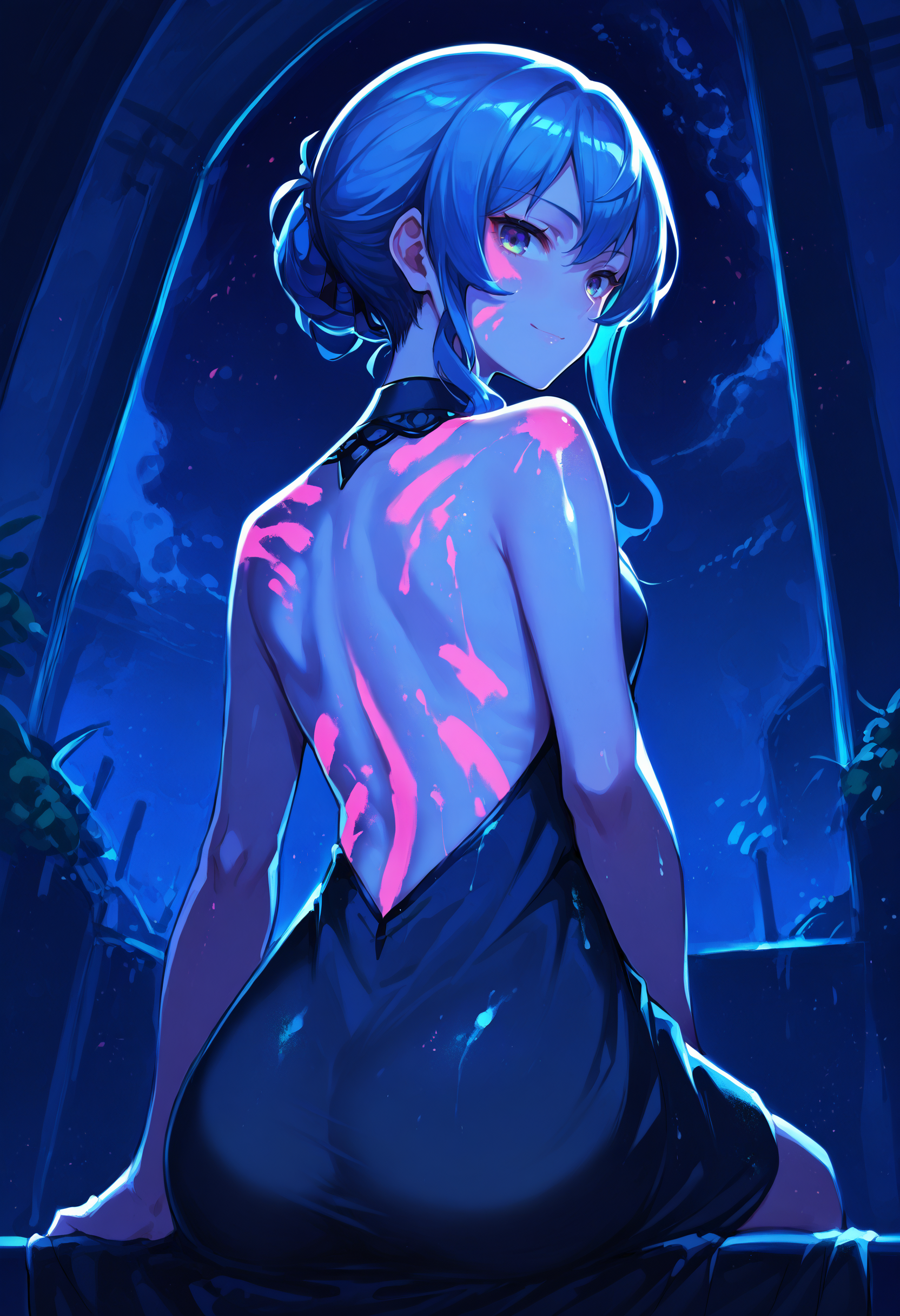score_9, score_8_up, score_7_up, score_6_up, source anime,
ultraviolet, 1girl, solo, bodypaint, glowing skin, backlighting, looking at viewer, blue hair,
lanr, dress, backless dress, from behind, looking back, sitting, light smile, upper body,
from below, outdoors, night, night sky
<lora:ultraviolet_raver_reg_v10:1>