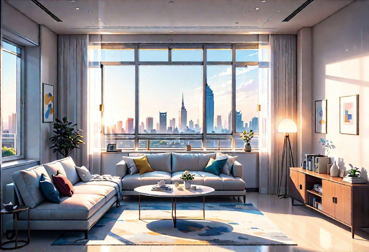 ((front view)), Shallow scene, ((animation style)), modern-style interior, with white walls, (large windows), a  study, Sofa, single wall, 
warm light morning sun, ((City high-rise building scenery)), (clear sky)