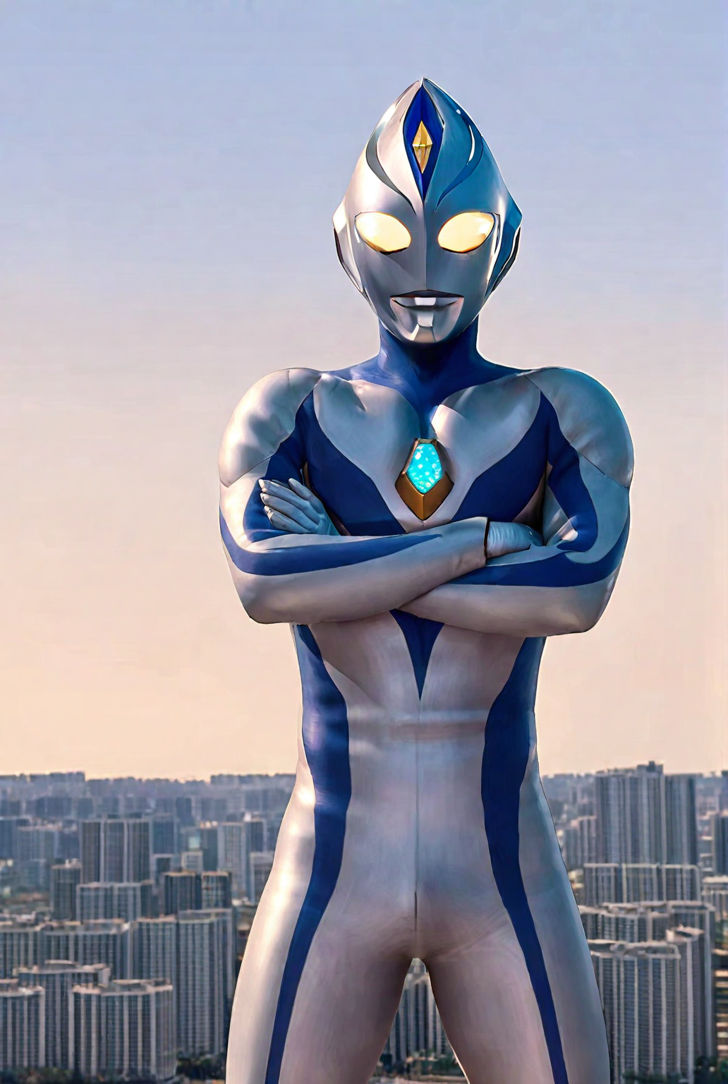 very awe,aesthetically pleasing,masterpiece,best quality,amazing quality,very aesthetic,ultra-detailed,high resolution,8k,1boy,solo,cowboy shot,male focus,detailed face,tokusatsu,alien,bodysuit,glowing eyes,yellow eyes,blue bodysuit, dyn4 blue,standing,crossed arms,giant,looking at viewer,cityscape,<lora:Ultraman Dyna:0.8>,