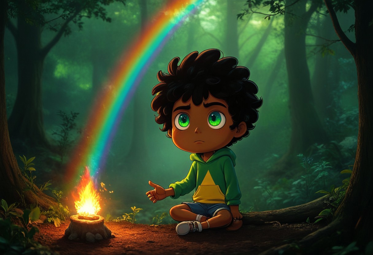 max (camp camp), dark fantasy theme, rainbow colored silhouette outline against a dark background,max (camp camp), 1boy, solo, human, male focus, curly black hair, curly tousled black hair, afro, dark skin, dark-skinned male,  large eyes, round eyes, green eyes,small nose, triangular nose, pointed nose, beautiful forest horror, anime, magical fantasy, plasma pattern, dark lights
,epic, cinematic colors, masterpiece, detailmaximizer, midjourneyv6.1