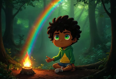 max (camp camp), dark fantasy theme, rainbow colored silhouette outline against a dark background,max (camp camp), 1boy, solo, human, male focus, curly black hair, curly tousled black hair, afro, dark skin, dark-skinned male, large eyes, round eyes, green eyes,small nose, triangular nose, pointed nose, beautiful forest horror, anime, magical fantasy, plasma pattern, dark lights
,epic, cinematic colors, masterpiece, detailmaximizer, midjourneyv6.1