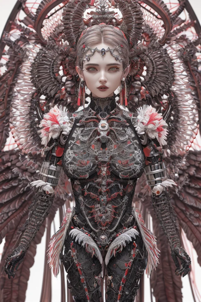 complex 3d render ultra detailed beautiful death angel, biomechanical cyborg, analog 150 mm lens, beautiful natural soft rim light, crystal feathers, roots, fine foliage lace, colorful details, Boris Bidjan Saberi outfit, pearl earrings, piercing, art nouveau fashion embroidered, intricate details, mesh wire, mandelbrot fractal, facial muscles, cable wires, microchip, badass, hyper realistic, ultra detailed, octane render, volumetric lighting, 8k post-production, red and white with a bit of black, detailled metalic bones, semi human, iridescent colors, Glenn Brown style, futuristic room, power of the god, high-angle shot, complex body poses