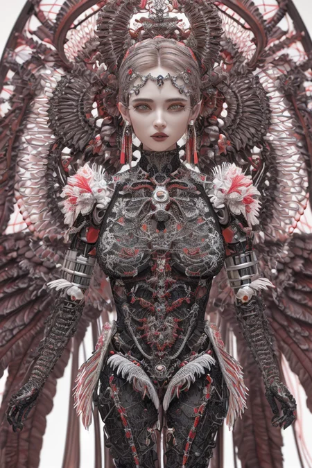 complex 3d render ultra detailed beautiful death angel, biomechanical cyborg, analog 150 mm lens, beautiful natural soft rim light, crystal feathers, roots, fine foliage lace, colorful details, Boris Bidjan Saberi outfit, pearl earrings, piercing, art nouveau fashion embroidered, intricate details, mesh wire, mandelbrot fractal, facial muscles, cable wires, microchip, badass, hyper realistic, ultra detailed, octane render, volumetric lighting, 8k post-production, red and white with a bit of black, detailled metalic bones, semi human, iridescent colors, Glenn Brown style, futuristic room, power of the god, high-angle shot, complex body poses