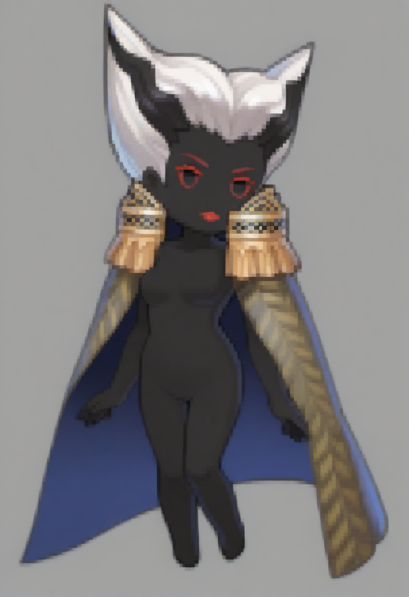 masterpiece, best quality, 1girl, solo, looking at viewer,
<lora:Feh-Sprites-illus_Fp:1>  simple background, chibi, full body
 <lora:zs_SkadiILLU:1> sk4d1smt, colored skin, black skin, multicolored hair, white hair, black hair, lipstick, makeup, cape, epaulets,