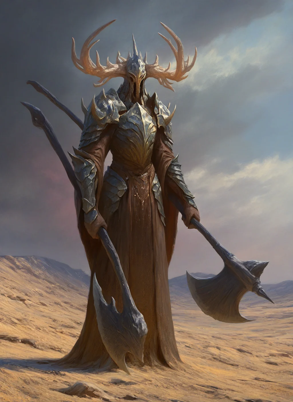 artist:, masterpiece, best quality, newest, very awa, absurdres, highres, mnsr, guardian, plate armor, axe, helmet, horns, standing, daytime, sunshine, desert, detailed, <lora:SDXL\Illustrous\Monster_Concept-Illu-mnsr:1.0>