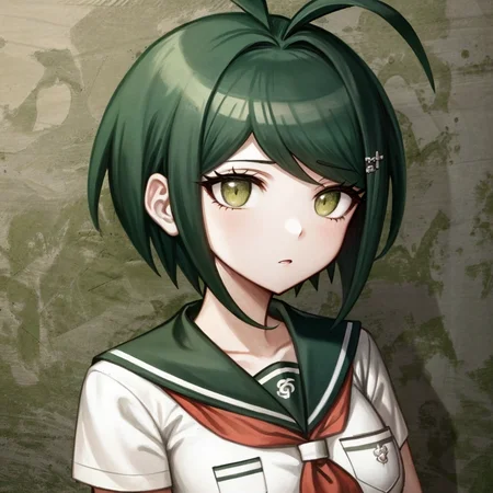 solo, 1girl, portrait, sky, <lora:Naegi_Komaru_v3-000008:1>, naegi komaru, ahoge, short hair, official style, danganronpa \(series\), <hypernet:danganronpa:0.501>, serafuku, red neckerchief, blue sailor collar, breast pocket,