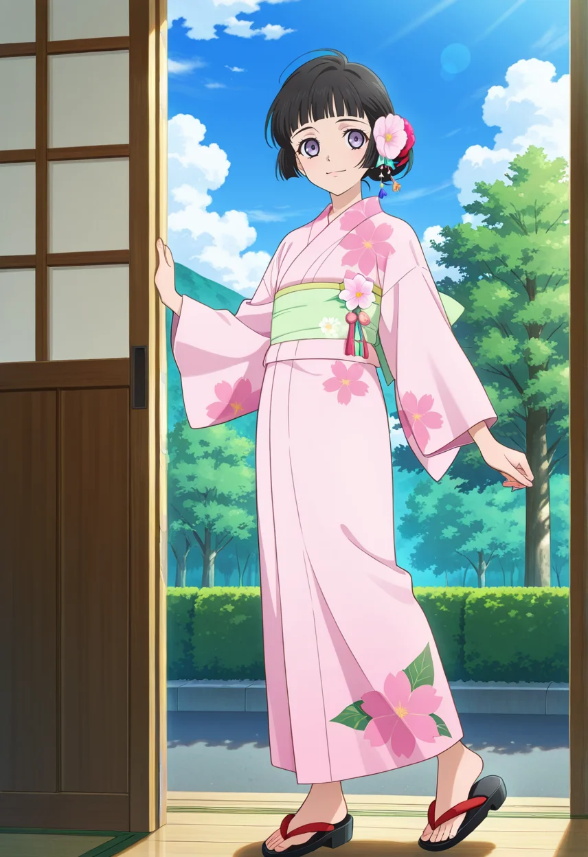 outdoor, street, trees, flowers, clouds,
BREAK,
light smile,  
full body, dynamic angle,
BREAK,
<lora:kohak_illustriousXL_v03:1>
kohakrnd, kohakykt, black hair, purple eyes, blunt bangs, tied hair, short hair, hair flower,
pink yukata, floral print, green sash, 
geta,, source_anime, very aesthetic, anime coloring, masterpiece, 
best quality, amazing quality, ultra detailed, very aesthetic, 
detailed background, 
BREAK,