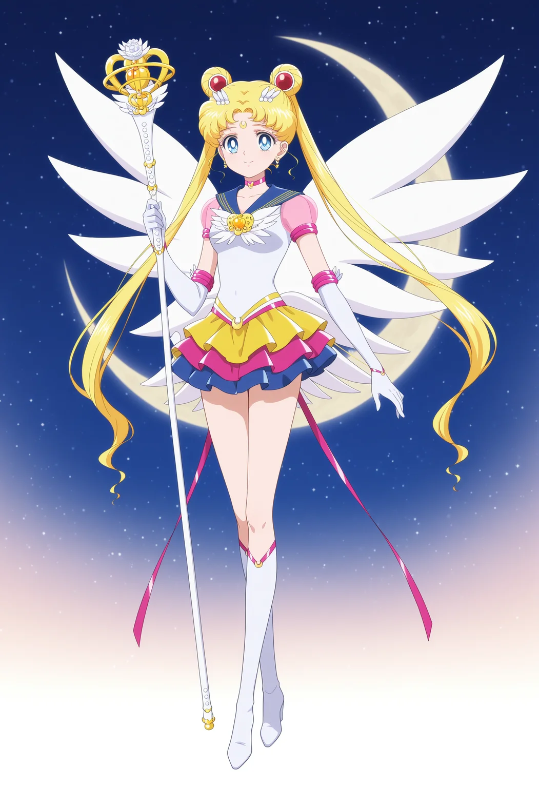 1girl,solo,tsukino usagi,sailor moon,magical girl,blue eyes,sailor senshi uniform,twintails,sailor collar,jewelry,hair bun,crescent facial mark,forehead mark,choker,hair ornament,brooch,earrings,elbow gloves,layered skirt,multicolored skirt,star \(symbol\),short sleeves,see-through sleeves,knee boots,wings,<lora:eternal_sailor_moon.v3:1>,
full body,holding staff,smile,crescent_moon,moon,
masterpiece,best quality,amazing quality,