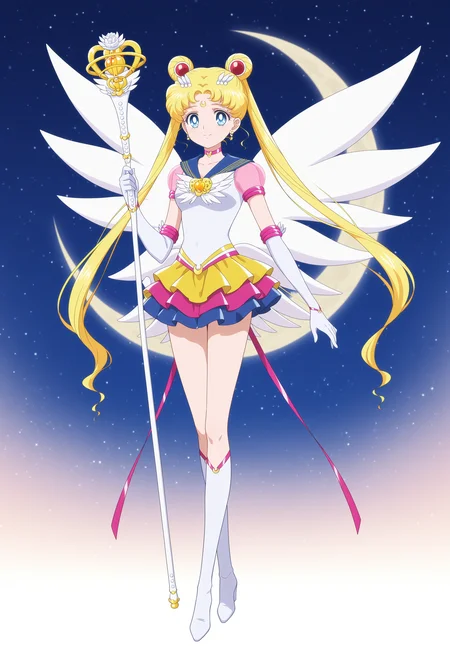 1girl,solo,tsukino usagi,sailor moon,magical girl,blue eyes,sailor senshi uniform,twintails,sailor collar,jewelry,hair bun,crescent facial mark,forehead mark,choker,hair ornament,brooch,earrings,elbow gloves,layered skirt,multicolored skirt,star \(symbol\),short sleeves,see-through sleeves,knee boots,wings,<lora:eternal_sailor_moon.v3:1>,
full body,holding staff,smile,crescent_moon,moon,
masterpiece,best quality,amazing quality,