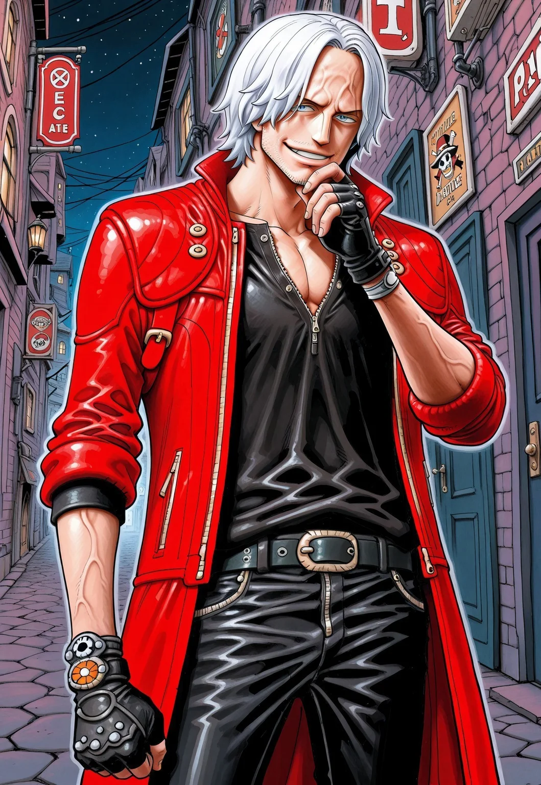 score_9, onepieceartstyle_style, onepieceartstyle, source_artwork, masterpiece, best quality, hyper-Detailed, 1man, solo, male focus, alone, detailed, Dante ((toned body, fair skin, white hair parted in the middle, blue detailed eyes, white beard stubble)), ((wearing red coat over, black shirt, black pants, black belt, black fingerless gloves)), looking at the viewer, smiling, hand on chin, standing, dark alley, night