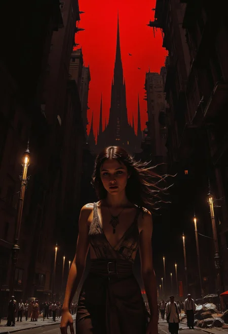 A hauntingly detailed digital illustration of a woman with disheveled hair and bulging eyes, her expression revealing deep terror. She stands in a distorted cityscape, where buildings seem to tilt and twist, reflecting her inner anguish. The sky is tinted a deep red, as if the world is on fire, while elongated shadows creep ominously around her. Small, indistinct figures in the distance seem to watch her, multiplying her sense of despair. The dim light of flickering streetlights highlights the details of her pale, sweaty face, creating a terrifying atmosphere that captures the essence of fear and alienation.aidmaMJ6.1, perfection style