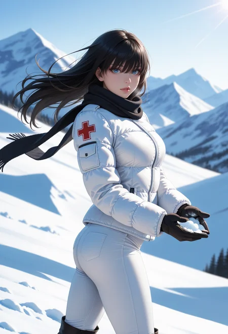 depth of field, focused subject, dynamic angle, dynamic pose, best quality, detailed eyes, perfect eyes, realistic eyes, black hair, long hair, hair bangs, (bangs over eyes), blue eyes), ((full lips)), makeup, slim body, slim legs, black gloves, black scarf, black boots, small ass, medium breast, realistic breast, (white snow jacket, tight snow jacket), (white pants, tight snow pants), BREAK, standing, hips slightly turned, side view, looking at viewer, movie perspective, ((snow, mountain side, swiss alps, snow covered, sunny weather, snowy mountain)), playing with snow, abstract background, dynamic light,
