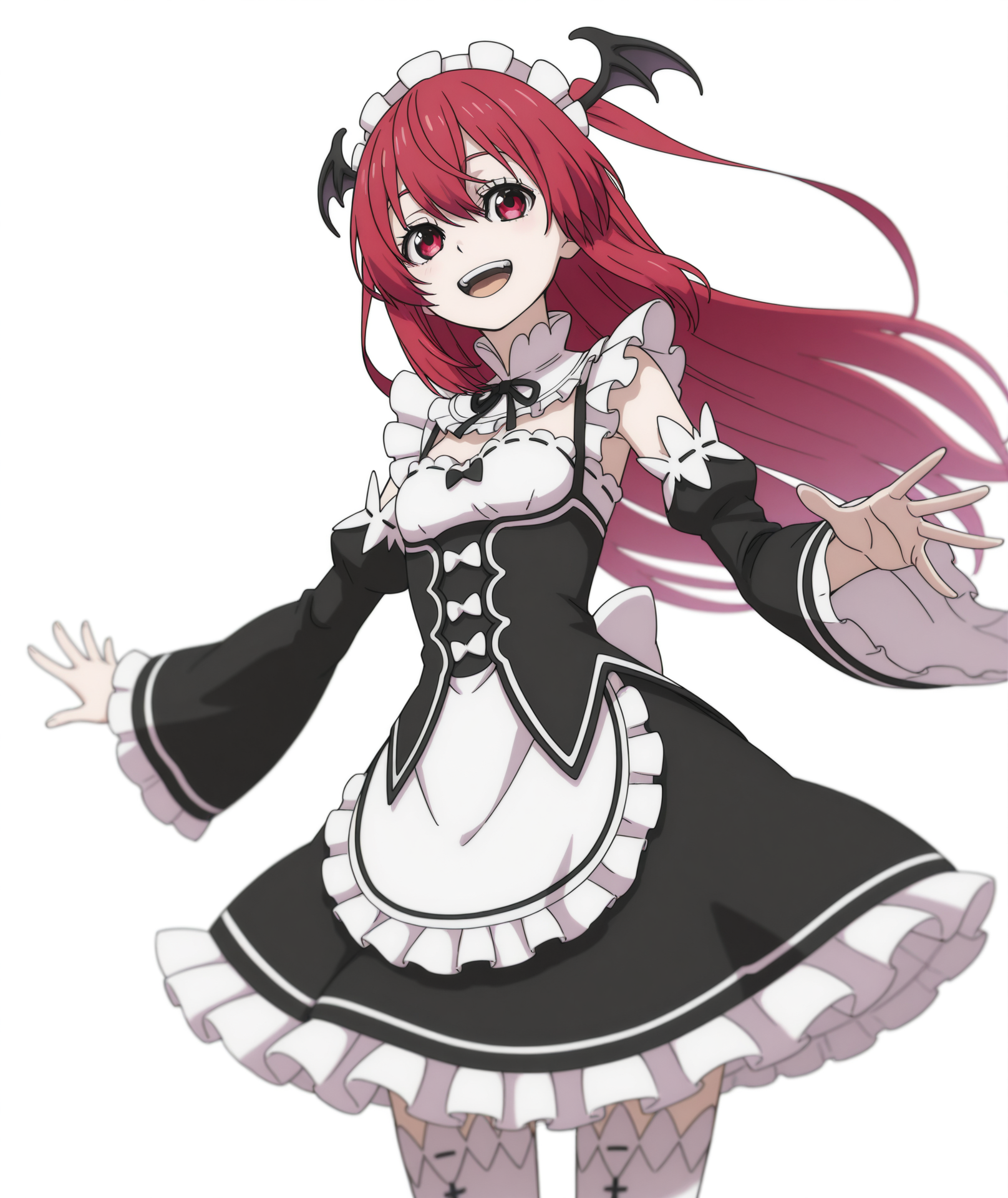 official art, absurdres, highres, anime coloring, hi res, best quality, masterpiece, 2d, intricate details, 4k,
1girl, female, smile, open mouth, :d, long hair, red eyes, red hair, wings, head wings,
maid headdress, maid, maid apron, long sleeves, frilled skirt, frills, frilled dress, frilled sleeves, maid dress, roswaal mansion maid uniform, detached sleeves, 
cowboy shot, 
depth of field, white background, <lora:Angelica_Diarmuit_ILXL:1>, shinmai ossan bokensha, angelica diarmuit,