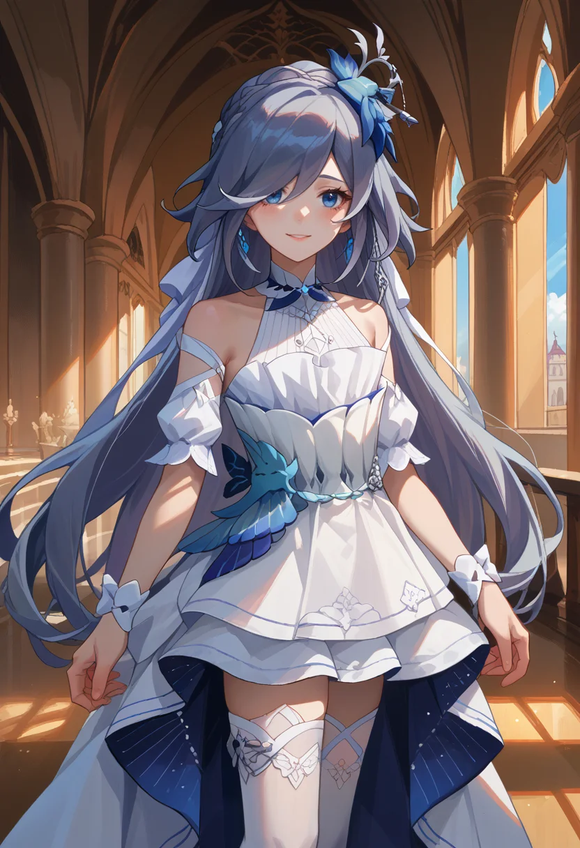 score_9, score_8_up, source_anime, HuaCerulean, blue eyes, grey hair, long hair, hair over one eye, hair ornament, white dress, sleeveless dress, arm garter, wrist cuffs, white thighhighs, indoors, palace, smile, <lora:ChamFuHuaPonyXL:1>