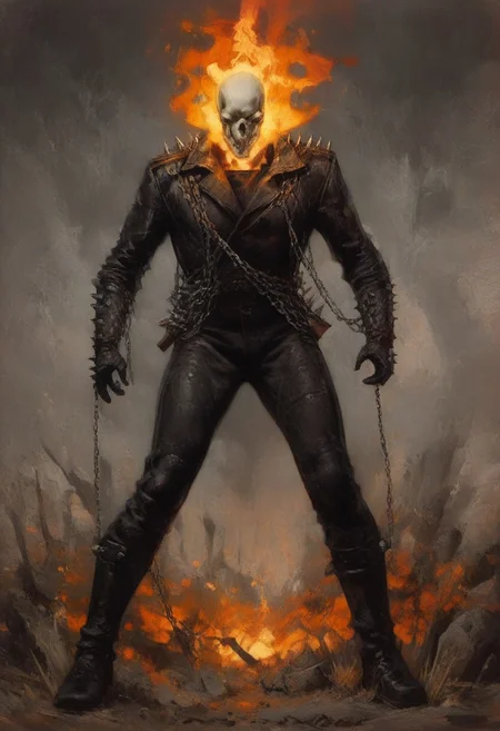 ((score_9, score_8_up, score_7_up)), (high contrast), (flat shapes), vertical lines, oil painting, realistic, grimdark, An enigmatic figure of a demonic being who tortures and devours souls, (GhostRider, skull head, on fire, leather jacket, leather pants, gloves, spikes, chain), holding shotgun, spitting fire. Ancient mystique. Waving a black flaming chain, dynamic pose, combat stance, surreal background, hell, hellfire. The style of a vintage, high-contrast setting. Emphasize theatrical elements, extreme contrast of bright colors against dark, moody backgrounds, ph4nt0m01l, style-empire,