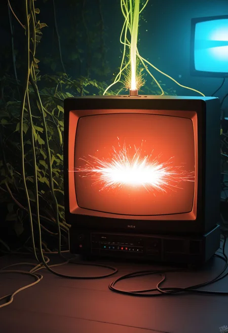an interesting composition of (dzktxez) , we're outside and this is the end of the world and the scene is overgrown with vines and leaves ((no humans)) and there is a large stack of 1980s style ((television stack)) ((tvs)) televisions that are still turned on, electrical wiring, sparks, magic, ultra HD, realistic 8K raw photography, prismatic sci fi inspired DSLR photography, HDR, UHD, 64K, vivid details, vibrant colors, natural lighting, volumetric lighting, bokeh, extremely detailed, cyberpunk theme, retro futurism, 128k, world morph, zPDXL