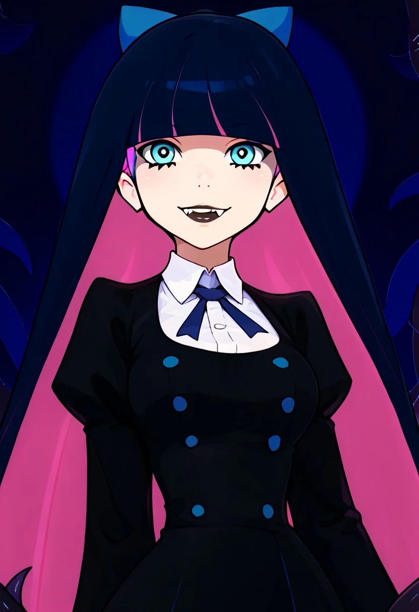 score_9, score_8_up, score_7_up, pretty girl, vivid bright colors, highly sexual poses, pinup art, solo,
big breasts,
vmpr, fangs, (wings:1), full moon,
black lips, goth patStocking, stocking anarchy, blue eyes, blue hair, colored inner hair, hair bow, long hair, multicolored hair, pink hair, two-tone hair, bangs, blunt bangs, striped thighhighs, black dress, puffy sleeves, long sleeves, collared shirt, white shirt, BREAK, smile, looking at viewer, abstract background, thorns, dark theme, white outline, upper body, embedding:zPDXL, Expressiveh