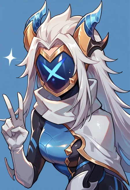 score_9, score_8_up, score_7_up, ultra quality, dutch angle, source_cartoon, smooth outlines, solo, 1girl, Drxkin, dragon horns, long hair, white hair, multicolored bodysuit, black bodysuit, blue bodysuit, armor, scarf, shoulder cape, helmet, mask, faceless, white glove, upper body, leaning forward, peace sign with one hand, simple blue background
