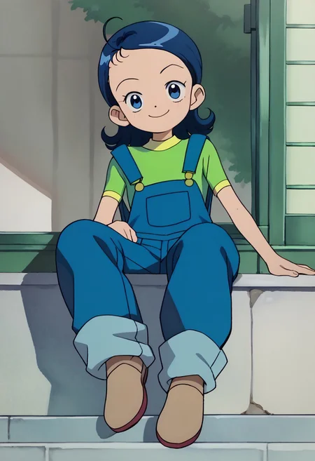 score_9, score_8_up, score_7_up BREAK Aiko1, 1girl, short blue hair, blue eyes, blue overalls, short-sleeve green shirt with yellow accents, brown shoes, full body, smiling at viewer,