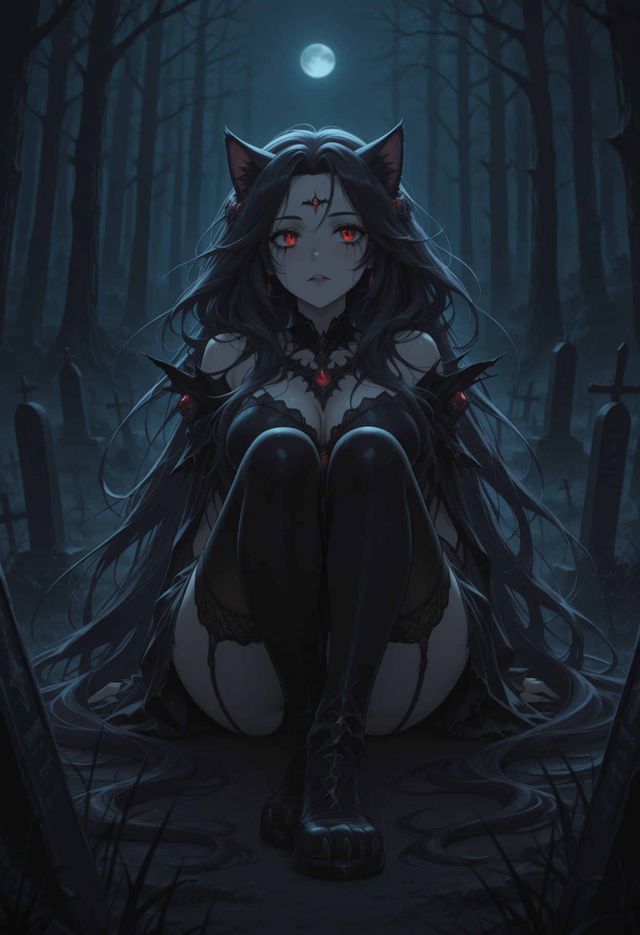 score_9, score_8_up, score_7_up, score_6_up, dynamic, (anime, masterpiece), best quality, (8k), detailed background, sharp focus, intricate, ambient lighting, super high quality, hyper detailed background, cinematic lighting, adult, double tone long hair, mature, halloween, embedding:zPDXLxxx, spooky, cat ears, sitting, graveyard, addDetailXl.MLUV, <lora:CatGirlStyle\CatgirlStyle-000014>, CatGirlStyle