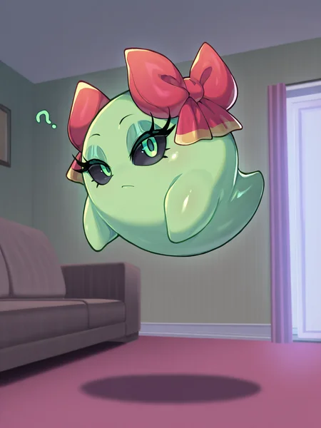 (confusion, closed mouth, floating, no humans, full body, solo,), <lora:Boo:0.9>, lady bow, green skin, shiny skin, green eyes, black sclera, long eyelashes, looking at viewer, living room,
masterpiece, best quality, good quality, newest, very awa, absurdres, highres, feral,