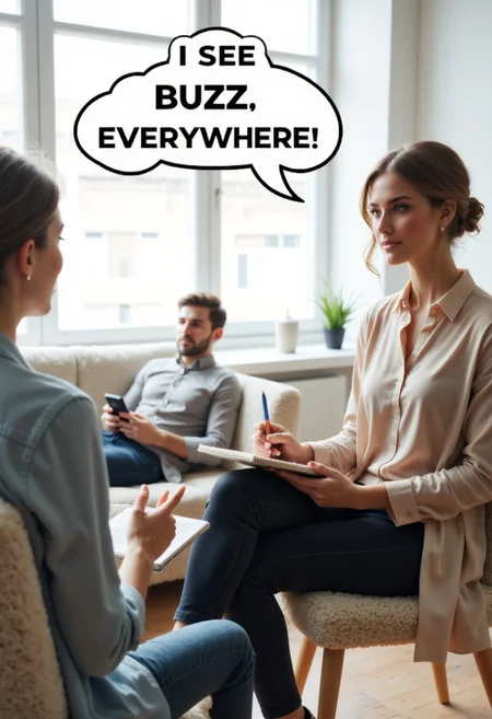 The image shows a scene of a therapy session. In the foreground, there is a person who appears to be a therapist, sitting on a chair, holding a notebook and pen, and looking towards another person. The therapist is taking notes or listening attentively. In the background, another person, who seems to be the patient, is lying back on a sofa, looking relaxed and holding something, possibly a phone or tablet. The setting is bright, with natural light coming in through large windows, giving the space a calm, comfortable atmosphere. . Speech bubble with written "I see BUZZ everywhere)