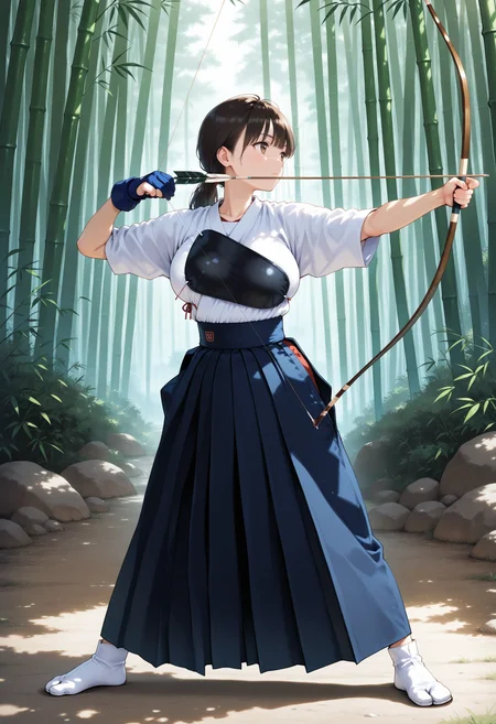 masterpiece,best quality,1girl,full_body,standing,open_stance,outdoors,bamboo forest,large breasts,looking to the side BREAK
kyudo-aiming,holding bow \(weapon\),drawing bow,bow_string,arrow \(projectile\),aiming,partially fingerless gloves,yugake,closed mouth,kyuudougi,hakama,hakama skirt,tabi,muneate,<lora:kyudo-aiming-NAIePred:1>,