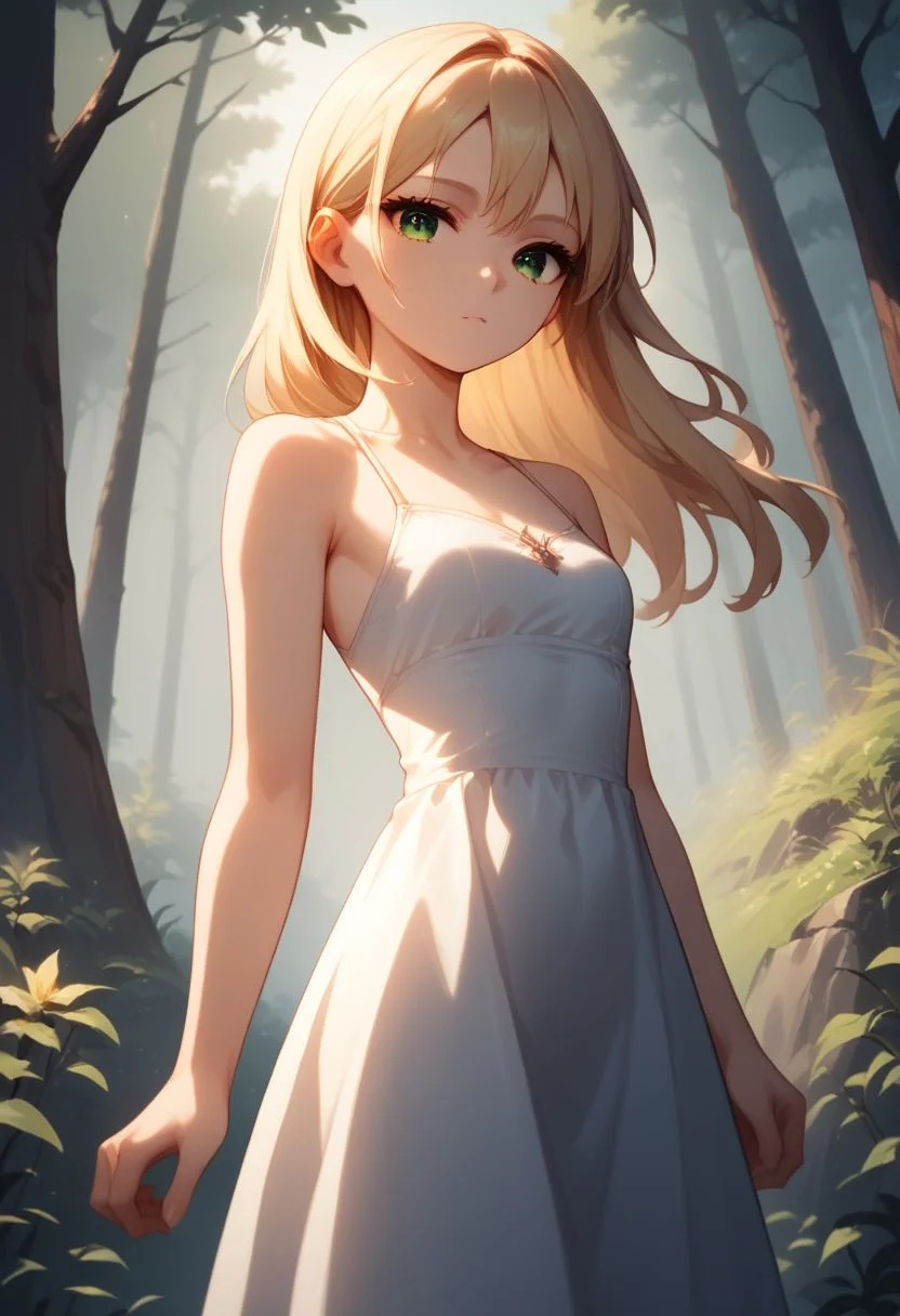 score_9, score_8_up, score_7_up, score_6_up, score_5_up, score_4_up, (forest setting)
1girl, blonde hair, green eyes, petite, Perfect Hands, perfect eyes, linen dress, (cinematography medium shot)