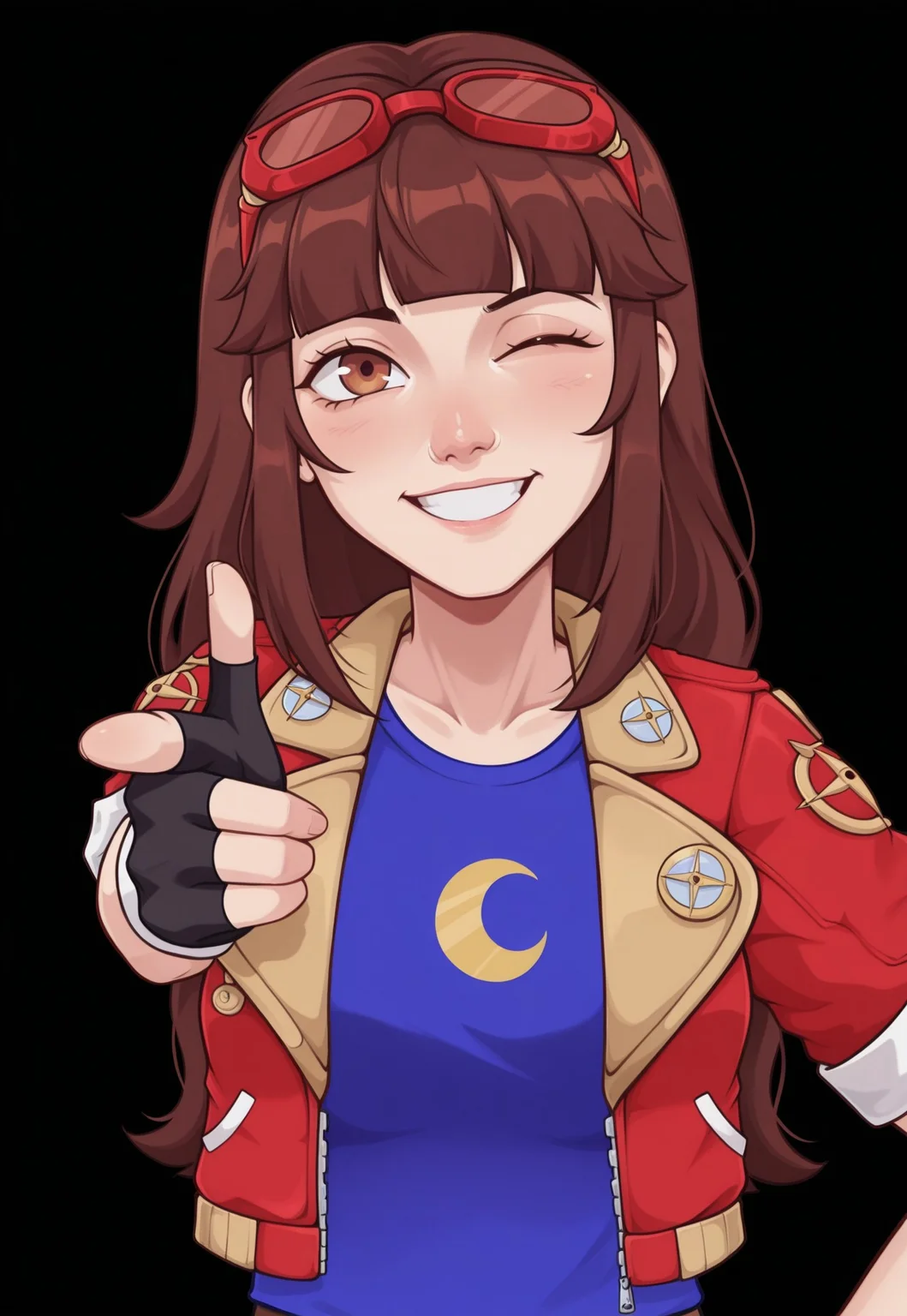 tozierstyle, best quality, newest, absurdres, highres, luna-utopus, long hair, brown hair, brown eyes, blunt bangs, fingerless gloves, red jacket, eyewear on head, black gloves, open jacket, cropped jacket, goggles on head, blue shirt, crescent on shirt, short sleeves, finger gun pointing towards viewer, looking at viewer, winking, happy, confident, grin,