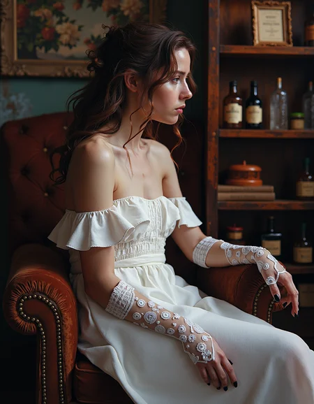 By Donna Young. A photo-realistic shoot from the side about a woman in a white dress sitting on a couch, contemplatively, in a dimly lit room with a rustic, vintage feel. the image also shows a cozy atmosphere. on the middle of the image, a young woman with light skin and long, wavy brown hair appears to be in her early twenties, wearing a white, sleeveless, off-the-shoulder dress with lace sleeves and a black nail polish on her fingers. she has a serious expression on her face and is sitting with her head resting on a brown pillow. the woman is facing the viewer, looking to the side, with her eyes directed away from the camera. her hair is styled in loose waves and falls down her back. her body is slim and she has bare shoulders. she is wearing white lace fingerless gloves on her hands. in the background, there is a wooden shelf with bottles and a picture frame, adding to the cozy ambiance of the room.